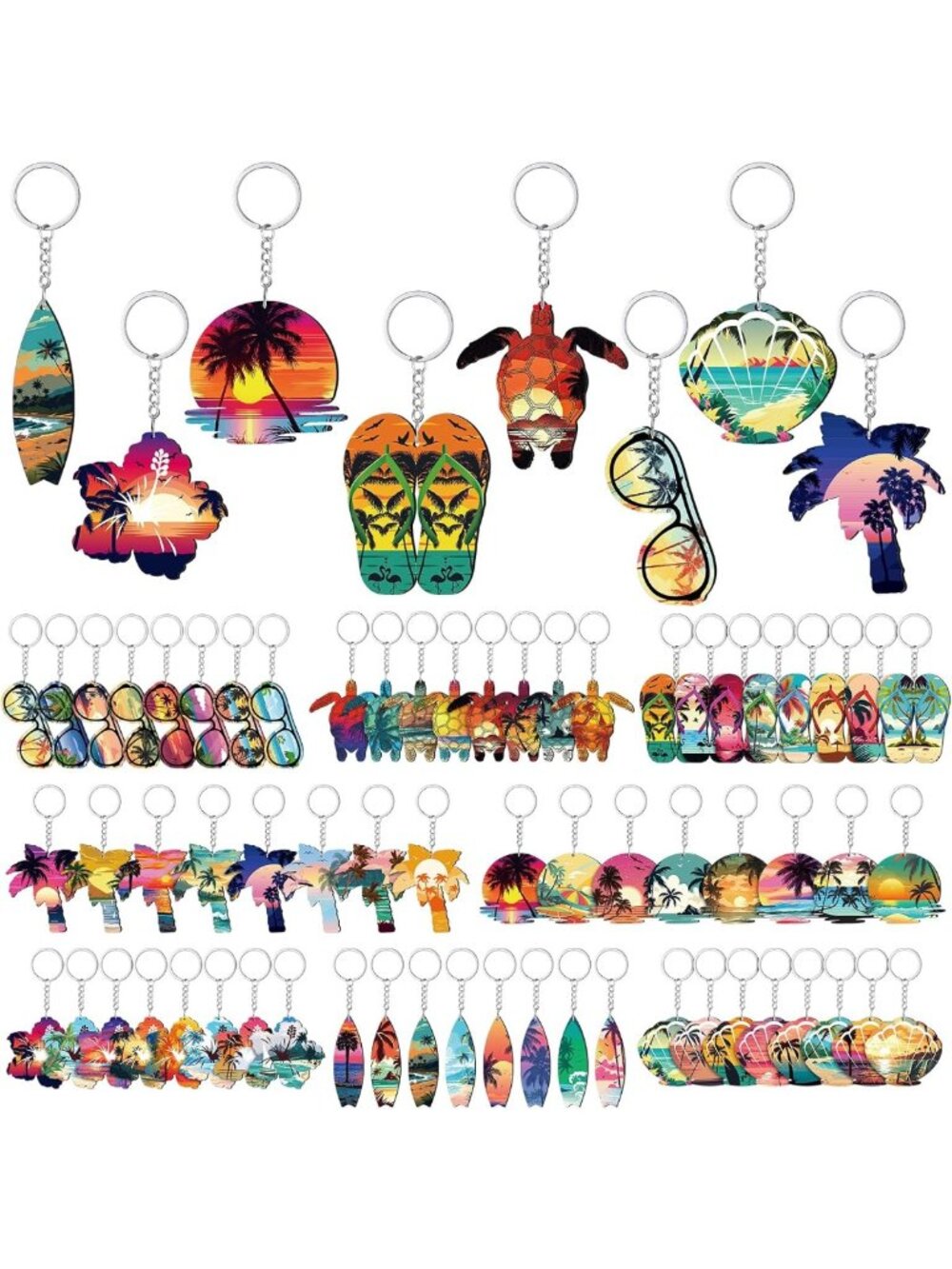 64 Pcs Hawaiian Luau Keychains Bulk | Beach Party Favors | Wood Keychains
